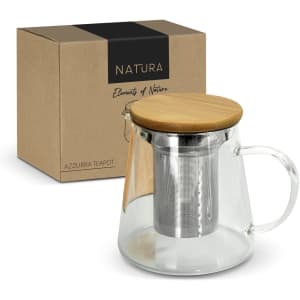A teapot with a transparent glass body, a bamboo lid, and a stainless steel infuser, packaged in a kraft box.