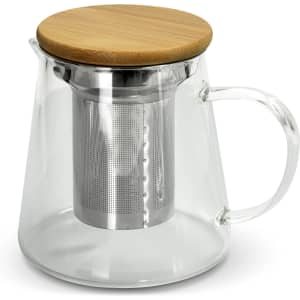 A teapot featuring a transparent glass body with a stainless steel infuser and a bamboo lid.