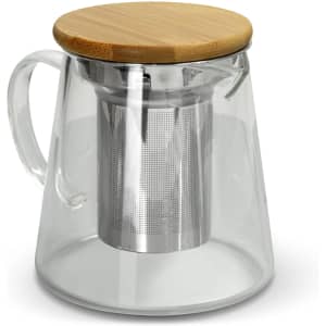 A clear glass teapot with a stainless steel infuser and a bamboo lid.