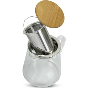 A clear glass teapot with a stainless steel infuser and a bamboo lid. Features a simple, elegant design.