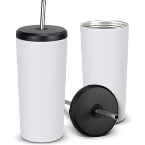 A drink bottle featuring a sleek white exterior, a black lid, and a stainless steel straw, with a logo present.