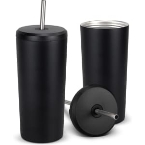 A drink bottle in matte black finish featuring a stainless steel straw and a sleek design. It includes a logo.
