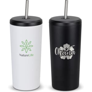 A drink bottle featuring a white exterior with a logo and a black exterior with a floral design, both with straws.