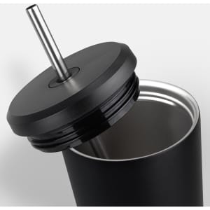 A drink bottle with a sleek black exterior, featuring a stainless steel straw and a fitted lid.
