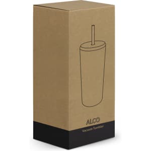 A drink bottle in a rectangular cardboard box with a straw, featuring a simplistic design and a logo.