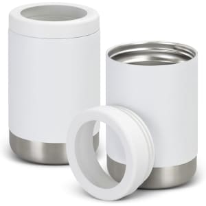 A drink bottle and cooler in white with a stainless steel base; features a lid and branding detail.