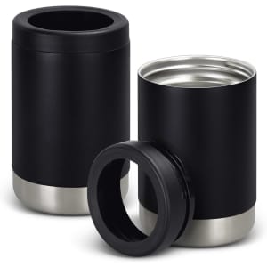 A drink bottle in black with a stainless steel base, featuring a lid and an integrated vacuum design.