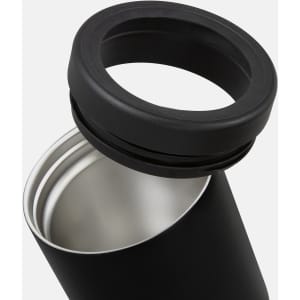 A drink bottle with a sleek black exterior and a black, threaded lid, featuring a double-walled interior.