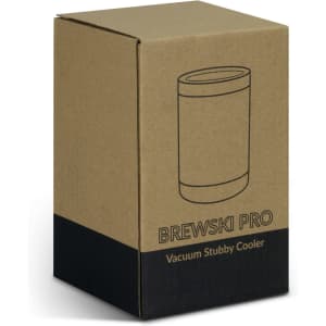 A drink bottle cooler in a cardboard box, featuring a simple design and a logo on the front. The box has brown and black colours.