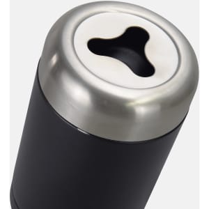 A drink bottle with a sleek black body and a stainless steel top featuring a unique opening.