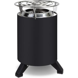 A black campfire cooker with a stainless steel top and three sturdy legs. It has a branding logo on the side.
