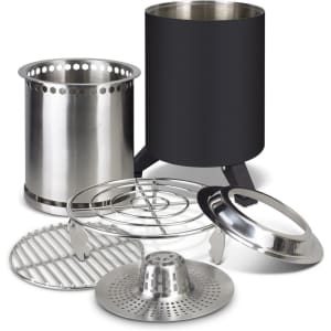 A set of stainless steel cooking components in silver and black, including a cooker, grates, and a pot.