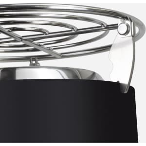 A black cooking pot featuring a stainless steel wire mesh lid with a securing clip.