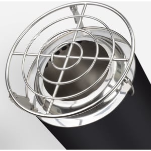 A black cooking pot with a silver grill lid, featuring a circular shape and a shiny metal interior.