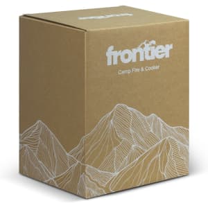 A brown cardboard box featuring mountain designs and a logo, labelled "Camp Fire & Cooker" for outdoor use.