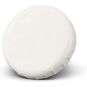 A round, white soap wrapped in paper, featuring a plain surface and a smooth texture.