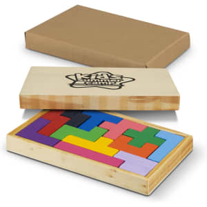 A wooden pentomino puzzle in vibrant colours, displayed in a rectangular box with a logo on the lid.