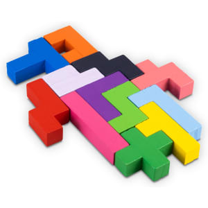 A set of colourful wooden pentomino puzzle pieces arranged in a pattern. The pieces are in various shapes and colours.