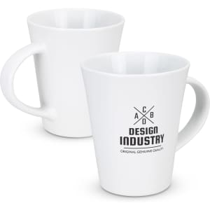 A white coffee mug with a tapered design and a logo printed on the side.