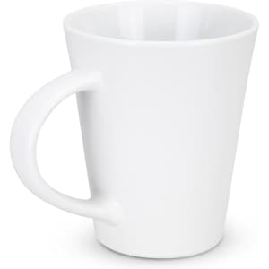 A white coffee mug with a curved handle and a smooth surface; it features a logo.