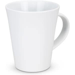A white coffee mug with a tapered design and a single handle, featuring a branding logo.