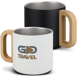 A drink bottle featuring a black and a white mug, both with a metallic interior and wooden handles.