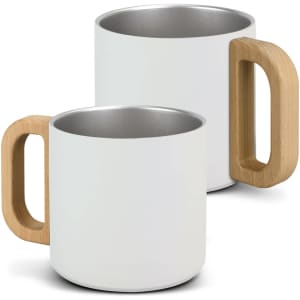 A drink bottle set featuring white stainless steel mugs with wooden handles. Both mugs have a sleek design.