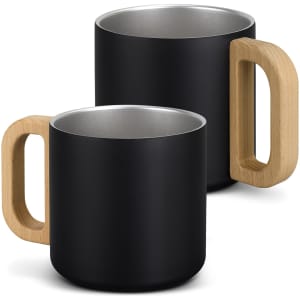 A drink bottle set featuring two black vacuum mugs with wooden handles and a metallic interior.