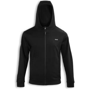 A black zip-up hoodie featuring a hood and a small logo on the front.