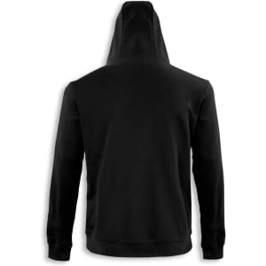 A black hoodie with a hood, featuring long sleeves and a rear view design. It has a logo on it.