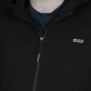 A black zip-up hoodie featuring a small logo on the chest and a lined hood.