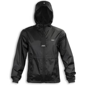 A black windbreaker jacket with a hood, featuring a zip front and side pockets. It has a logo on the chest.