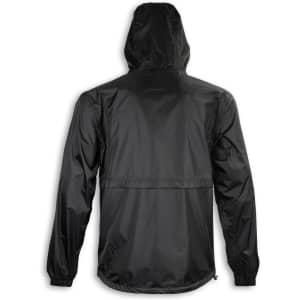 A black windbreaker jacket featuring a hood and a back vent design. It has a branding logo.