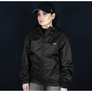 A black windbreaker jacket with a hood, featuring a front zipper and side pockets, worn by a model.