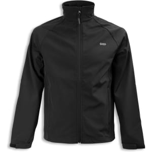 A black softshell jacket featuring a high collar and a logo, suitable for various outdoor activities.