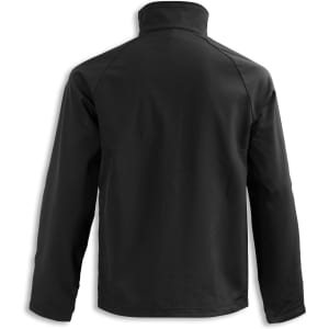 A black softshell jacket with a high collar and a plain back, featuring a logo.