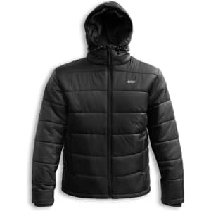 A black puffer jacket with a hood, featuring a zip front and a logo on the chest.