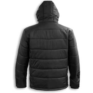 A black puffer jacket with a hood, featuring a quilted design and a logo. Viewed from the back.