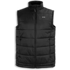 A black puffer vest with a high collar and zip front, featuring a logo on the chest.