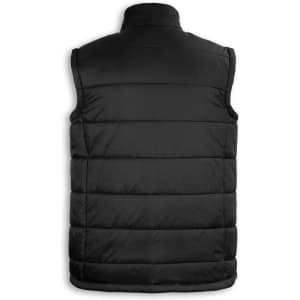 A black puffer vest with a quilted design and high collar, featuring a logo. Suitable for urban styling.