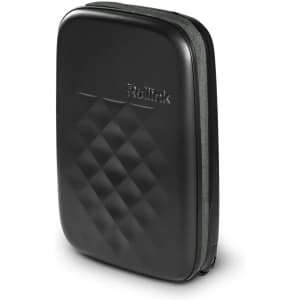 A small black wheeled suitcase with a diamond pattern and a green zipper, featuring a logo on the front.