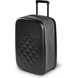 A medium wheeled suitcase featuring a black hard-shell front and a textured green fabric back, with a retractable handle.