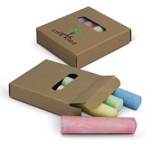 A cardboard box contains several pieces of jumbo sidewalk chalk in pastel colours, including pink, blue, green, and yellow.