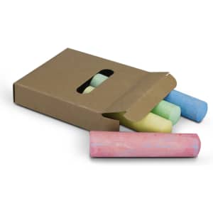 A box of Jumbo Sidewalk Chalk with three large pieces in pink, blue, and green, partially visible from the open packaging.