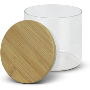 A large round storage canister features a transparent glass body and a bamboo lid.