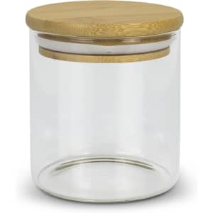 A round glass storage canister with a natural bamboo lid, perfect for tea and coffee accessories.