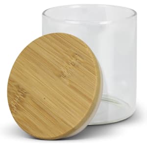 A round glass storage canister with a natural bamboo lid, featuring a clear body for visibility.