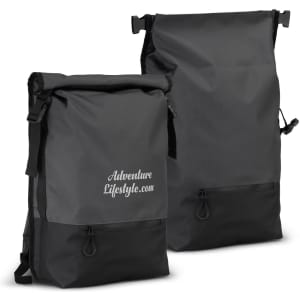 Two grey Fjord Backpacks with a roll-top design and a black base, featuring a logo on the front.
