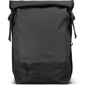A black Fjord Backpack with a roll-top closure and a front zip pocket, featuring adjustable straps.