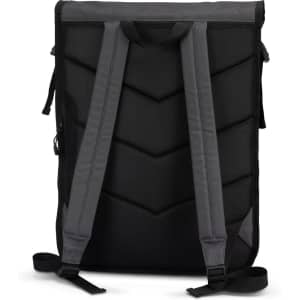 A black Fjord Backpack with grey straps and a textured back panel. It features a logo on the side.